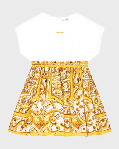 DOLCE & GABBANA GIRL'S LOGO-PRINT MAIOLLICA-PRINT COMBO DRESS