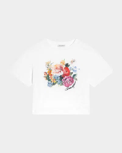 DOLCE & GABBANA GIRL'S LOGO-PRINT MULTICOLOR FLORAL-PRINT T-SHIRT