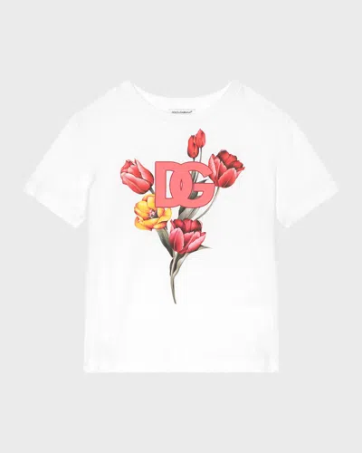 Dolce & Gabbana Kids' Girl's Logo-print Tulip Graphic T-shirt In Weiss