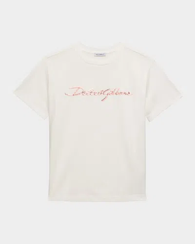 Dolce & Gabbana Kids' Girl's Logo Script Short-sleeve T-shirt In White