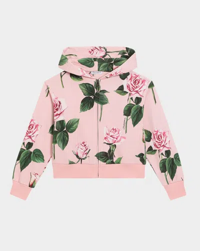 Dolce & Gabbana Kids' Girl's Rose-print Hoodie In Pink Print