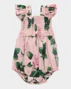 Dolce & Gabbana Girl's Rose-print Smocked Bubble Romper In Rose Cstelo Frosa