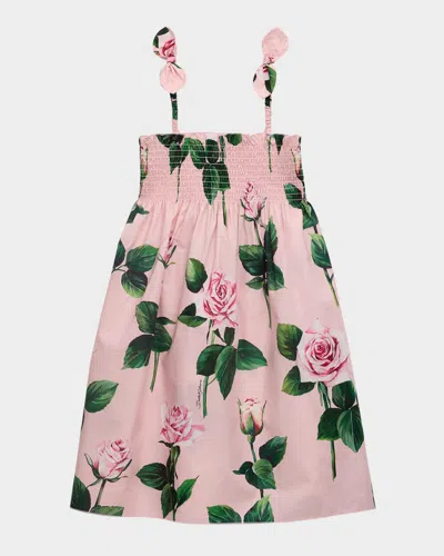 Dolce & Gabbana Kids' Girl's Rose-print Smocked Sundress In Pink Print