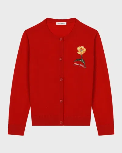 Dolce & Gabbana Kids' Girl's Shaved Flower Patch Logo-print Cardigan In Red