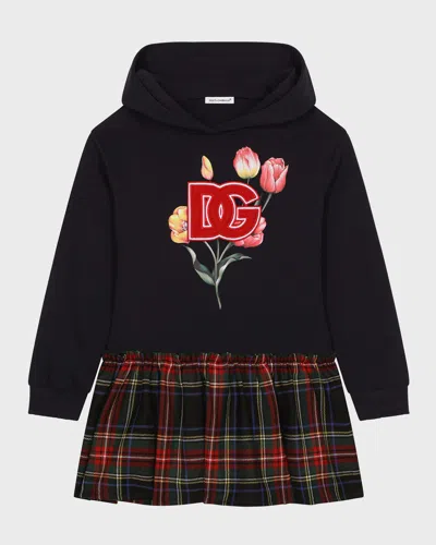 Dolce & Gabbana Kids' Girl's Tulip Logo-print Hoodie & Tartan Skirt In Black