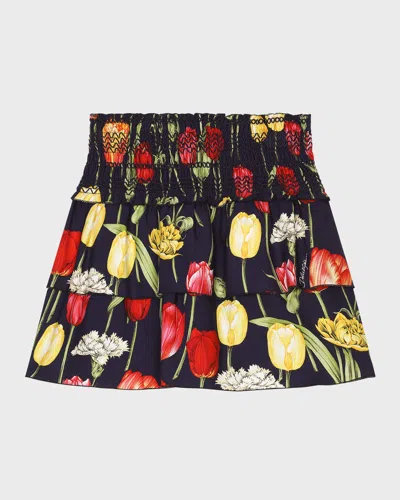 Dolce & Gabbana Kids' Girl's Tulip-print Smocked Skirt In Black