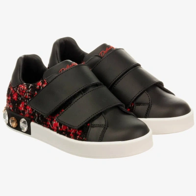 Dolce & Gabbana Kids' Girls Black Leather & Bouclé Trainer In Multi