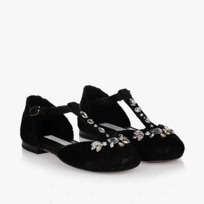 Dolce & Gabbana Kids' Girls Black Satin & Lace Shoes In Green