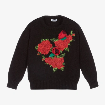 Dolce & Gabbana Kids' Girls Black Wool Rose Sweater