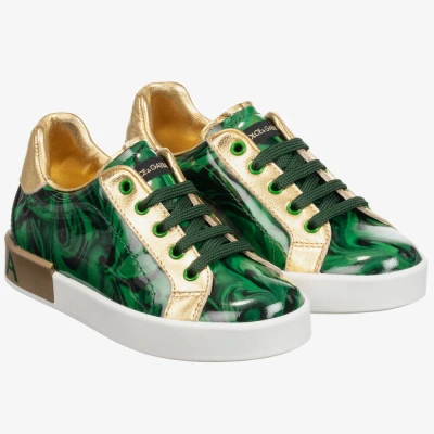 Dolce & Gabbana Kids' Girls Green & Gold Leather Trainers