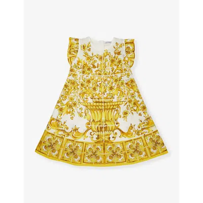 Dolce & Gabbana Kids' Majolica-print Frill-sleeve Cotton-poplin Dress 4-12+ Years In Maiolica 4 Giallo