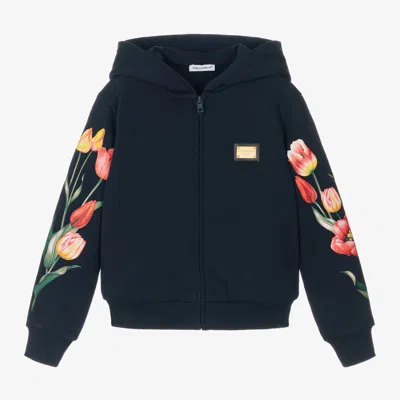 Dolce & Gabbana Kids' Girls Navy Blue Cotton Tulip Zip-up Hoodie