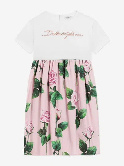 Dolce & Gabbana Kids' Girls Rose Print Logo Dress In Pink