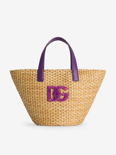 Dolce & Gabbana Kids' Girls Straw Logo Basket Bag In Sand