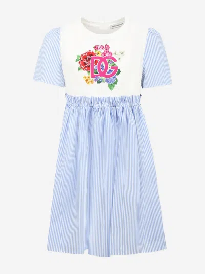 Dolce & Gabbana Kids' Girls Striped Floral Logo Dress In Blue