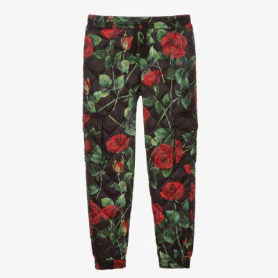 Dolce & Gabbana Girls Teen Black Rose Quilt Trousers In Multi