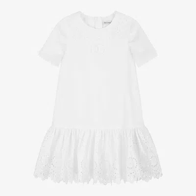 Dolce & Gabbana Kids' Girls White Cotton Broderie Anglaise Dress