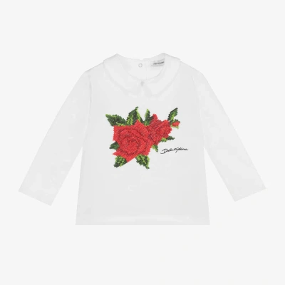 Dolce & Gabbana Babies' Girls White Embroidered Rose Top