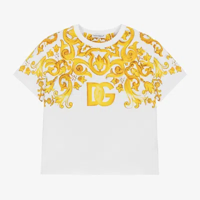 Dolce & Gabbana Babies' Girls White Majolica Print Cotton T-shirt In Yellow