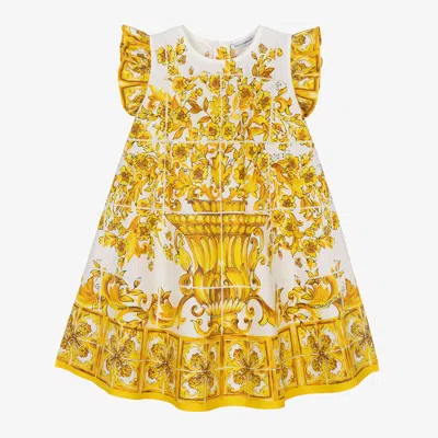 Dolce & Gabbana Babies' Girls Yellow Majolica Cotton Dress In Gold
