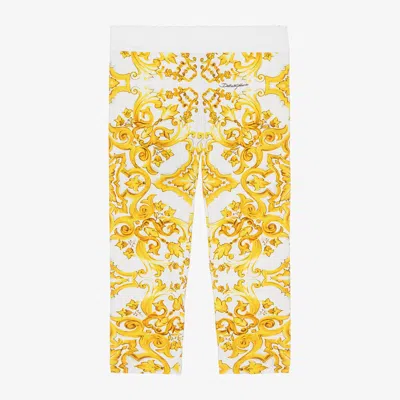 Dolce & Gabbana Babies' Girls Yellow Majolica Cotton Leggings In Gold