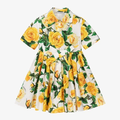 Dolce & Gabbana Kids' Girls Yellow Rose Print Shirt Dress