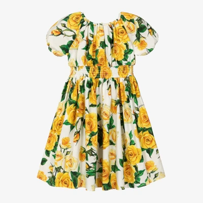 Dolce & Gabbana Kids' Girls Yellow Roses Cotton Poplin Dress