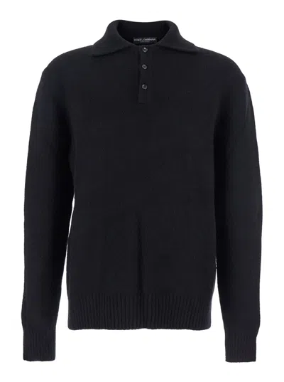 DOLCE & GABBANA BLACK SWEATER WITH POLO COLLAR AND BACK LOGO PATCH IN WOOL MAN