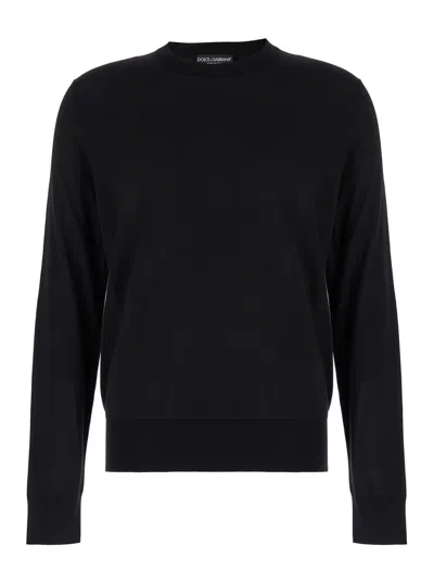 DOLCE & GABBANA BLACK SWEATER WITH TONAL SIGNATURE LOGO IN SILK MAN