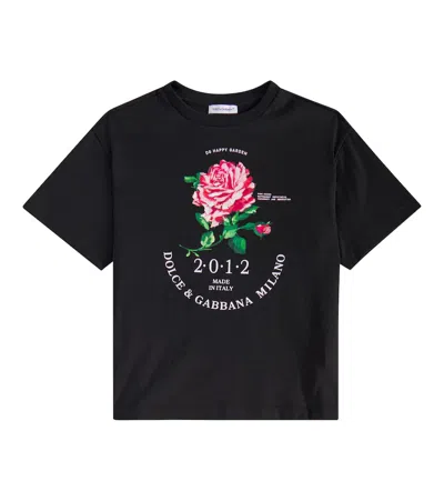 Dolce & Gabbana Kids' Girl's Rose-print Graphic T-shirt In Schwarz