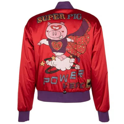 Pre-owned Dolce & Gabbana Glitter Heart Super Pig Printed Bomber Jacket Dg Logo Red 09225