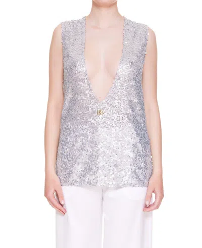 Dolce & Gabbana Glitter V-neck Sleeveless Top In Argento