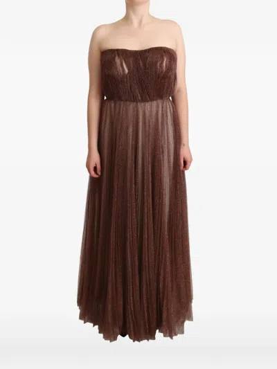 Dolce & Gabbana Metallic Polyester Pleated Maxi Dress In Brown