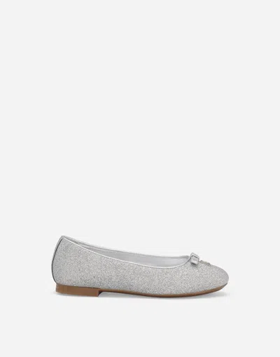 Dolce & Gabbana Glittery Fabric Ballet Flats With Bow And Dg Logo In Grey