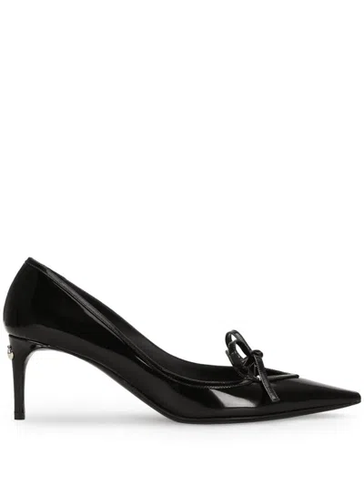 DOLCE & GABBANA GLOSSY CALF LEATHER PUMPS WITH RIBBON