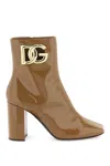 DOLCE & GABBANA GLOSSY LEATHER ANKLE BOOTS WITH GOLD METAL DG LOGO FOR WOMEN