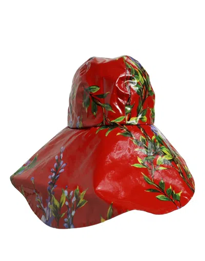 Dolce & Gabbana Glossy Red Floral Wide Brim Bucket Capello Women's Hat