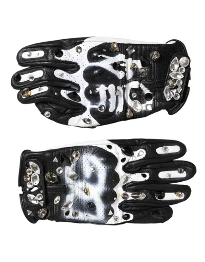 Dolce & Gabbana Crystal-embellished Graffiti-print Gloves In Black