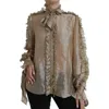 Dolce & Gabbana Gold Ascot Collar Ruffles Blouse Top In Brown