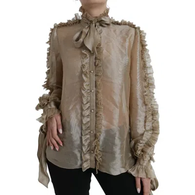 Dolce & Gabbana Gold Ascot Collar Ruffles Blouse Top In Brown