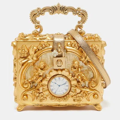 Pre-owned Dolce & Gabbana Gold Barocco Wood Clock Dolce Box Top Handle Bag