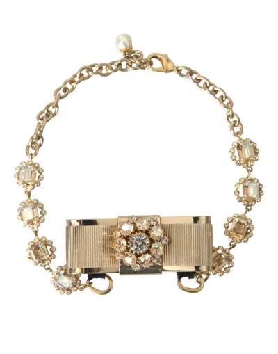 DOLCE & GABBANA DOLCE & GABBANA GOLD BRASS CLEAR CRYSTAL BOW CHAIN CHOKER WOMEN'S NECKLACE