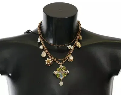 Dolce & Gabbana Brass Crystal Floral Statement Charms Women's Necklace In Gold