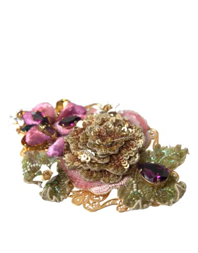 Dolce & Gabbana Gold Floral Crystal Sequined Hair Clip In Multicolor
