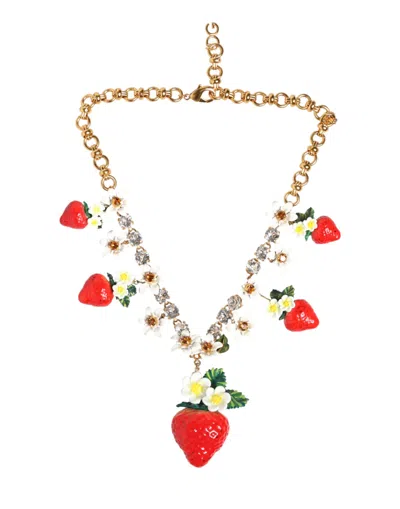 Dolce & Gabbana Gold Brass Fruit Pendants Flowers Crystal Logo Necklace In Multi