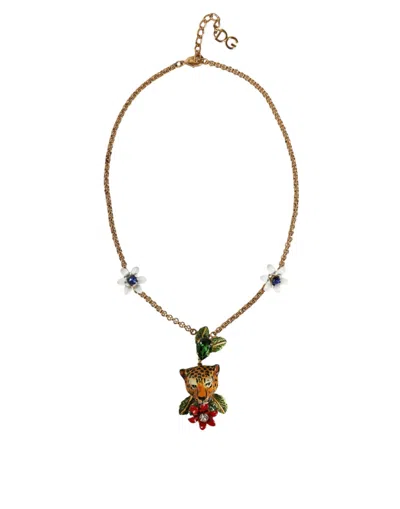 Pre-owned Dolce & Gabbana Gold Brass Leopard Flower Embellished Statement Women's Necklace ()