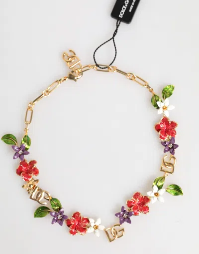 Dolce & Gabbana Gold Brass Logo Detail Floral Fashion Jewelry Necklace In Multi