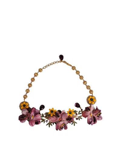 Dolce & Gabbana Gold Brass Mix Fiori Flowers Crystal Chain Necklace In Multi