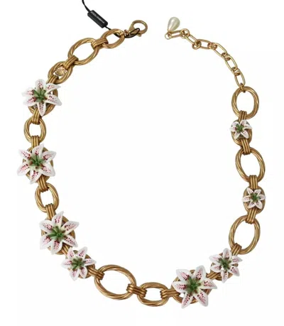 Pre-owned Dolce & Gabbana Gold Brass Oversize Chain Lily Flowers Women's Necklace ()