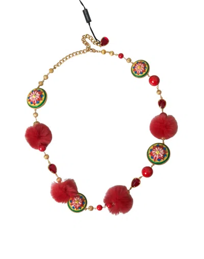 Dolce & Gabbana Gold Brass Red Fur Crystal Waist Torero Waist Women's Belt In Multi